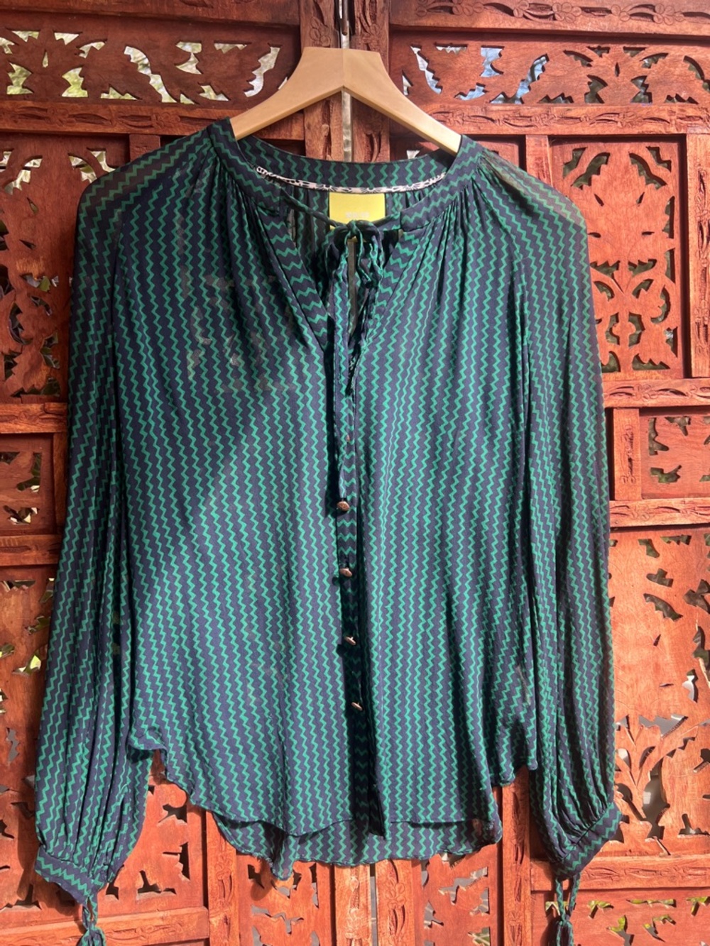 Maeve Green and Black Zigzag Tie-Neck Blouse with Button Front